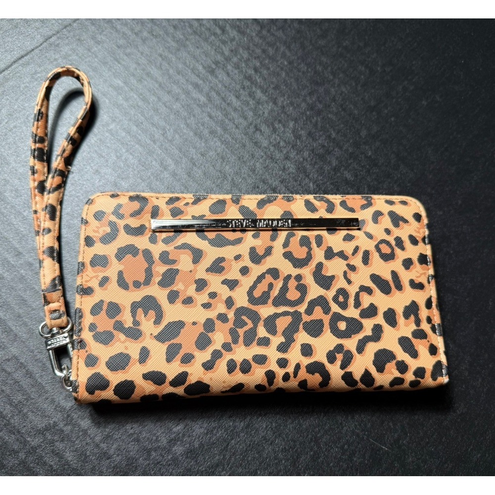 Steve Madden Leopard Print Zip Around Wristlet Wallet Brown Black NWOT